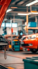 Modern auto repair shop interior with vibrant orange and blue cars, focusing on sleek vehicle...