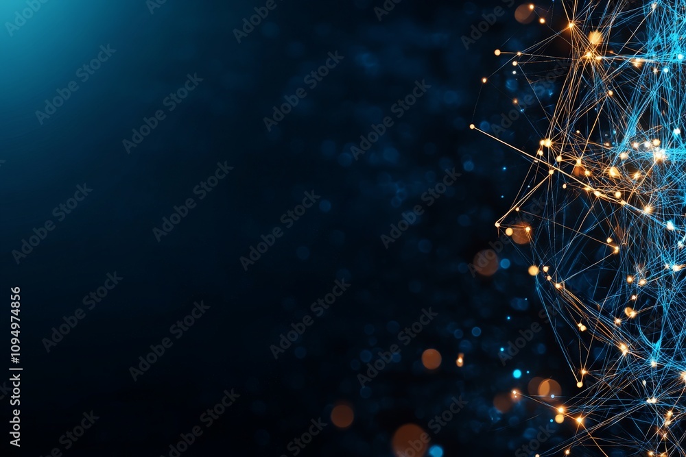 Poster a complex digital network is depicted with illuminated nodes and connections, embodying the intricac