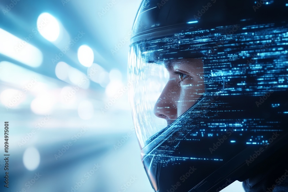 Poster a person wearing a high-tech helmet with digital data streams overlayed, representing advanced techn