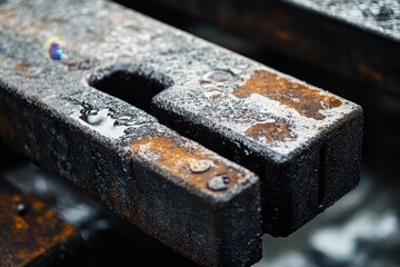 Rusty, icy metal, close-up detail.