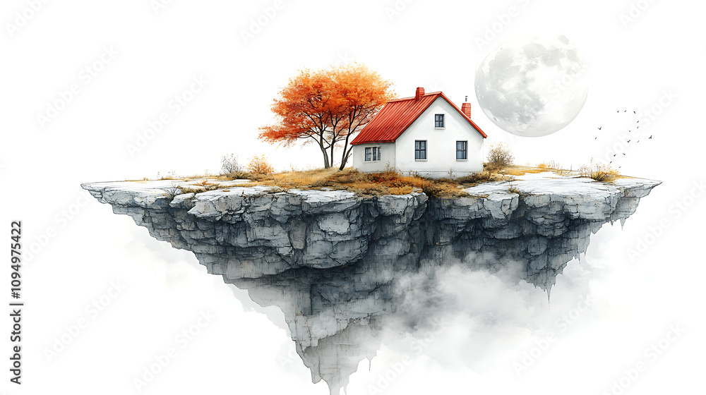 Poster a surreal floating island with a house and an autumn tree under a large moon.