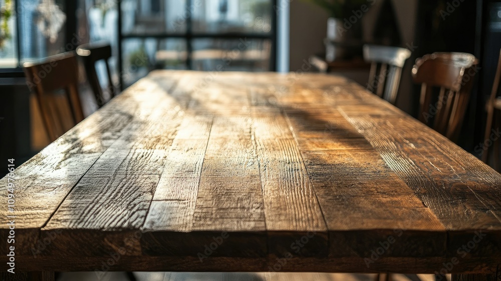 Poster rustic wooden table in cozy indoor setting with natural light streaming through windows creating war