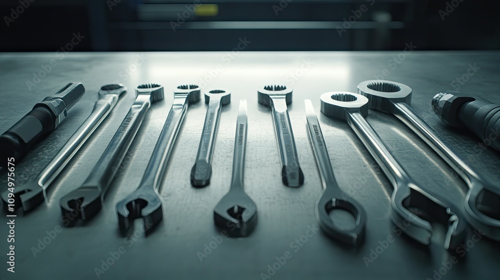 Aufkleber a diverse collection of wrenches and tools arranged neatly on a metal surface in a workshop environm