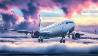 Passenger Airplane Ascending Through a Vivid and Dramatic Sunset Sky, Enveloped in Clouds