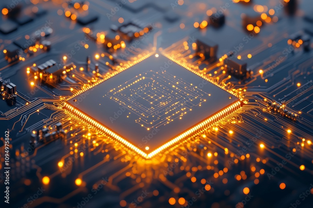 Poster a brightly illuminated microchip on a circuit board showcasing complex circuitry patterns, represent