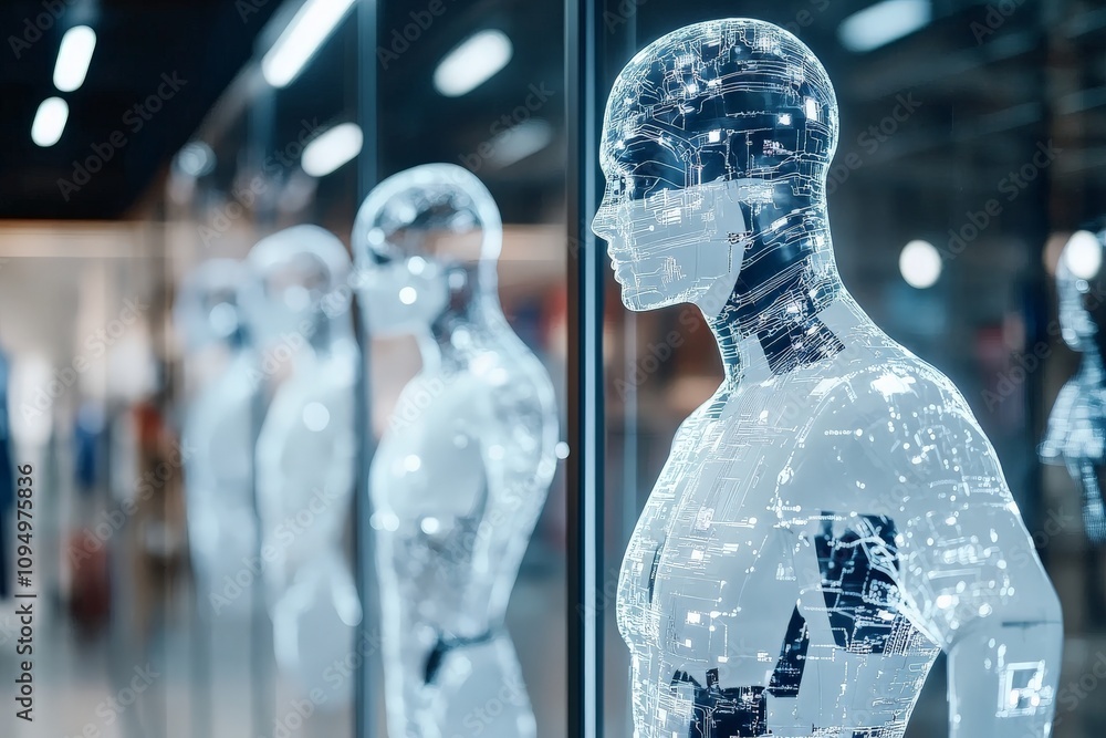 Poster a futuristic humanoid robot with digital circuit patterns, representing advanced technology and arti