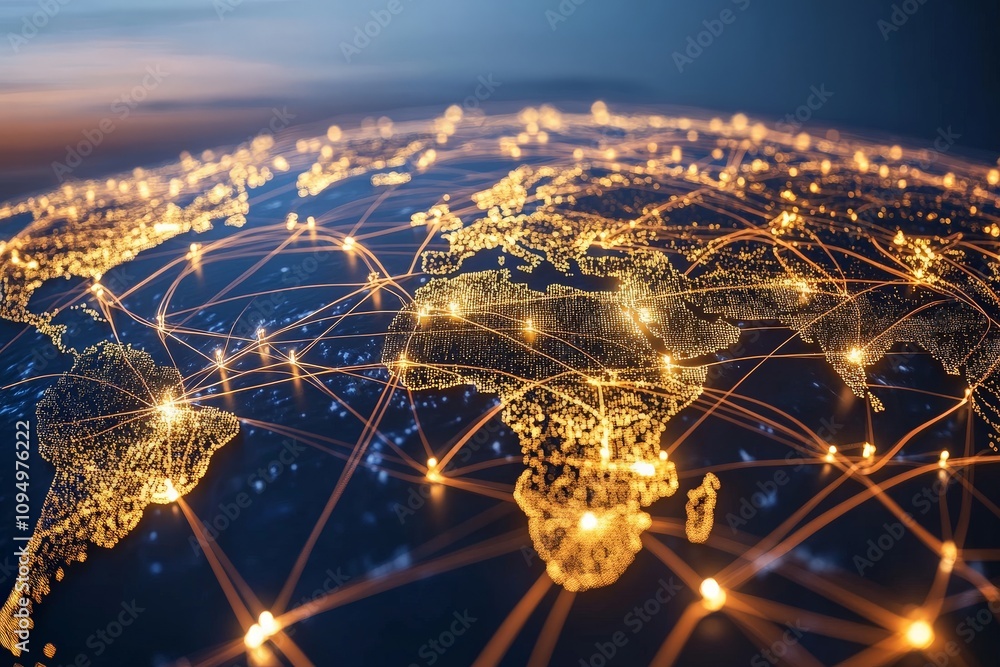 Poster golden lines crisscross a global map, lighting up connections between different parts of the world, 
