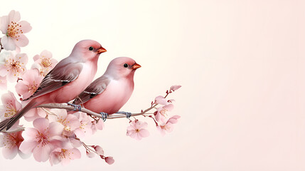 Two pink birds sitting on a cherry blossom branch with soft background
