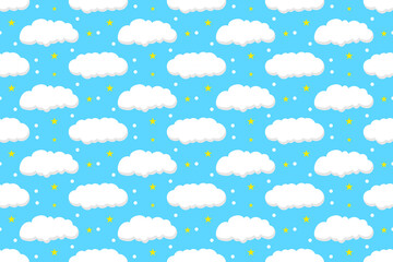 Cute White Cloud Pattern On Blue Background With Star. Illustration