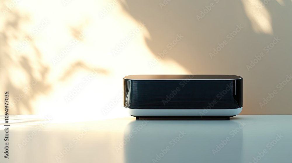 Aufkleber modern smart speaker on a minimalist tabletop with soft natural light and subtle shadows creating a 