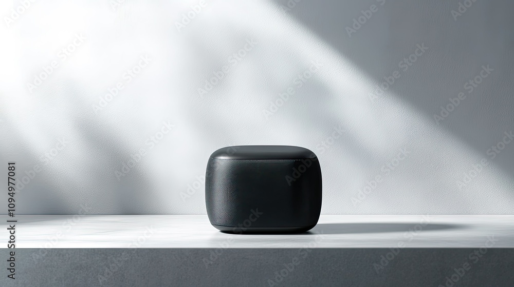 Poster minimalistic black object on a sleek surface with soft shadows, emphasizing modern design and simpli