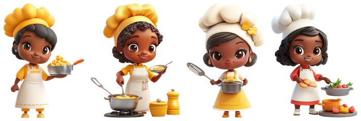 Obraz premium A 3D middle-aged African female character cooking icon shown on a transparent background, representing warmth and care, suitable for food or culinary visuals.