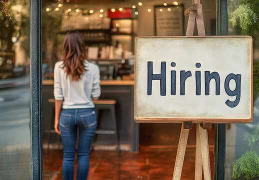 Hiring, sign and person by door of business for announcement, info and recruitment notice. Entrance, woman and human resources board for onboarding communication, job opportunity and manager at cafe