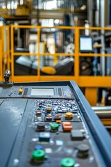 Fototapeta premium Industrial control panel, buttons, screen, messy workspace.