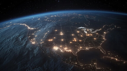 Obraz premium North America at Night with Glowing City Lights and Digital Grid