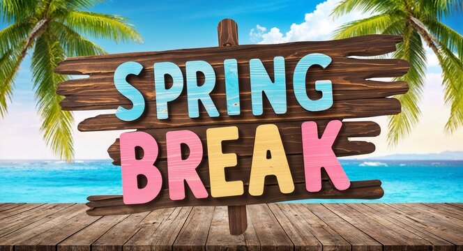 spring break lettering on wooden sign board with beach summer background