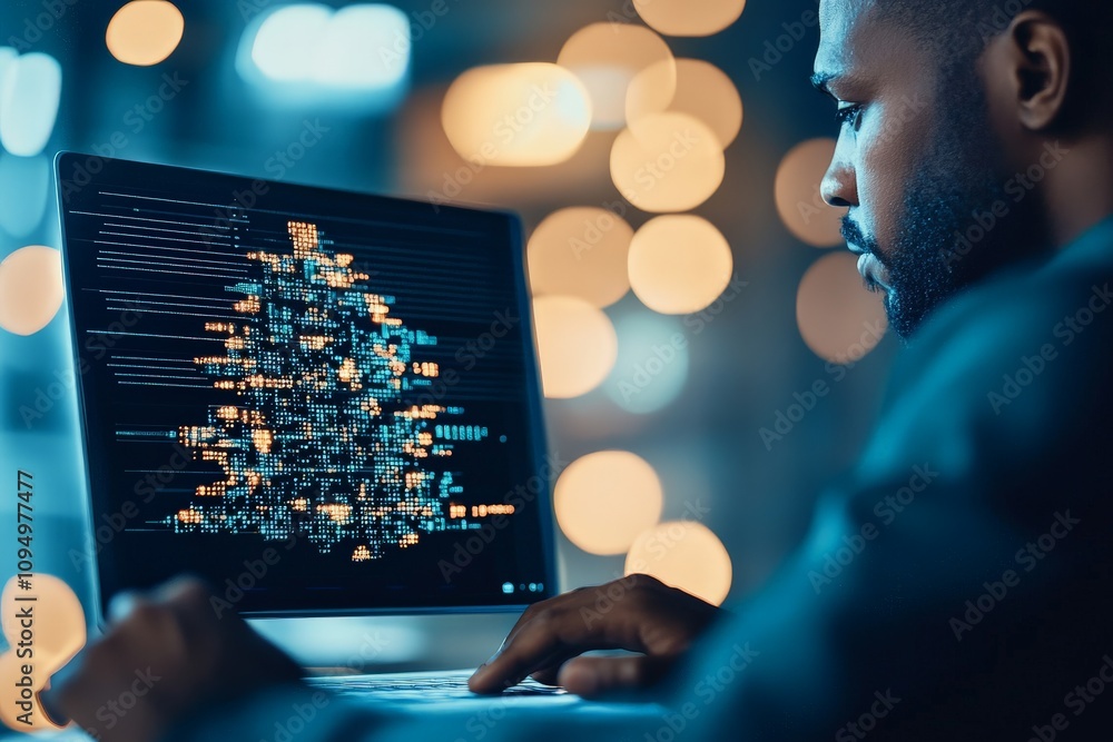 Poster a concentrated man intently looks at his laptop screen, which displays digital code in patterns rese