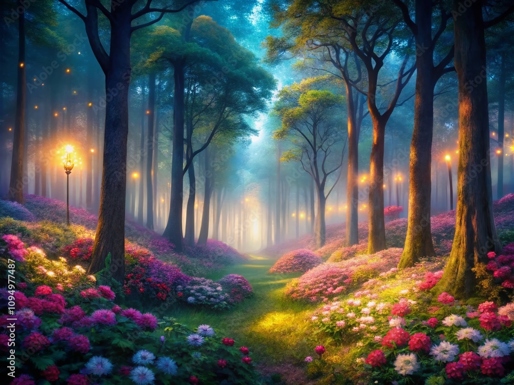 Poster enchanted night in a misty forest with glowing flowers and towering trees illuminated by soft light 