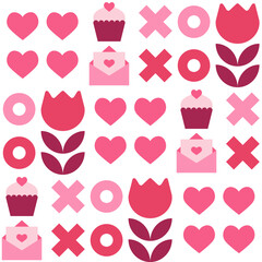 Valentine's day seamless pattern with pink elements on white background. Template for Valentine holiday design
