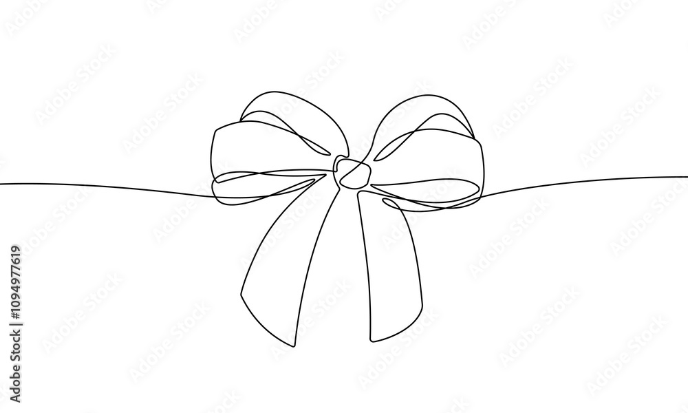 Poster bow in continuous line art drawing style. ribbon bow black linear sketch one line isolated on white 