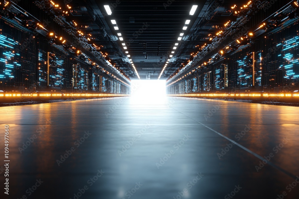 Poster a seemingly endless corridor of a data center illuminated with blue neon lights, symbolizing technol