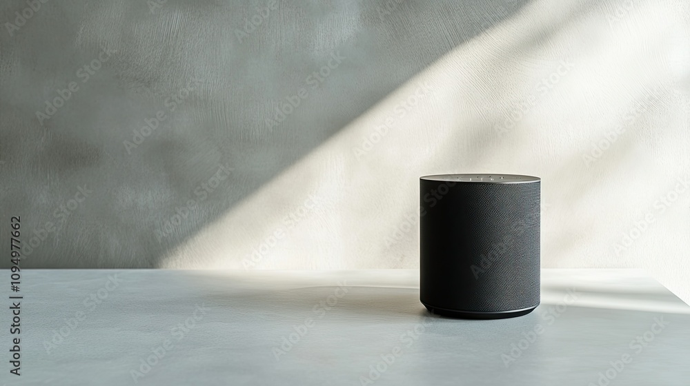 Aufkleber modern black speaker positioned on a minimalist table against a textured gray wall with soft natural