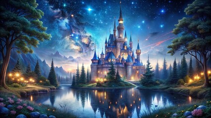 Fototapeta premium Enchanted Night Scene of a Magical Castle with Mystical Creatures and Starry Skies, Capturing the Essence of a Fantasy World