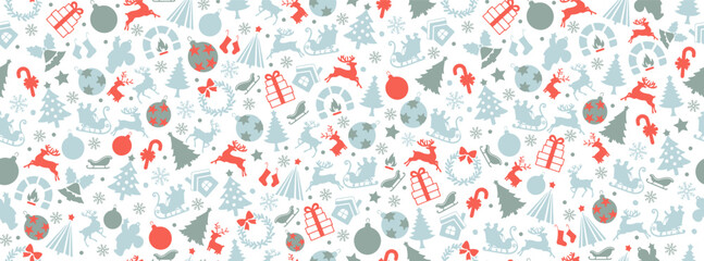Christmas Seamless Pattern. Winter Holiday Background with Xmas Toy, Deer, Ball. Happy New Year Vector Ornament for Holiday Design. Xmas Seamless Colorful Repeat Template