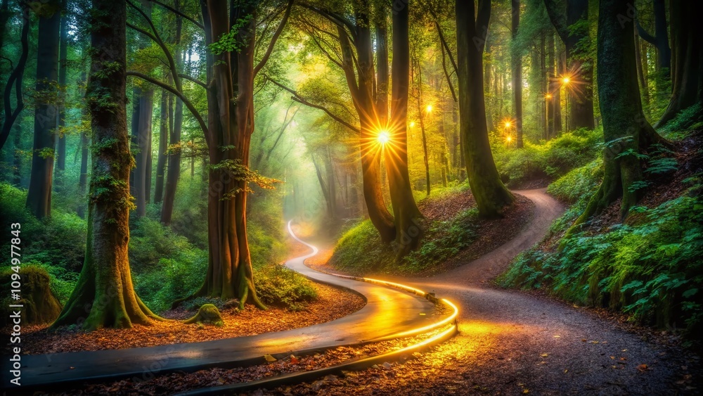 Poster enchanted pathway through a dark forest with ethereal long exposure effects capturing the mysterious