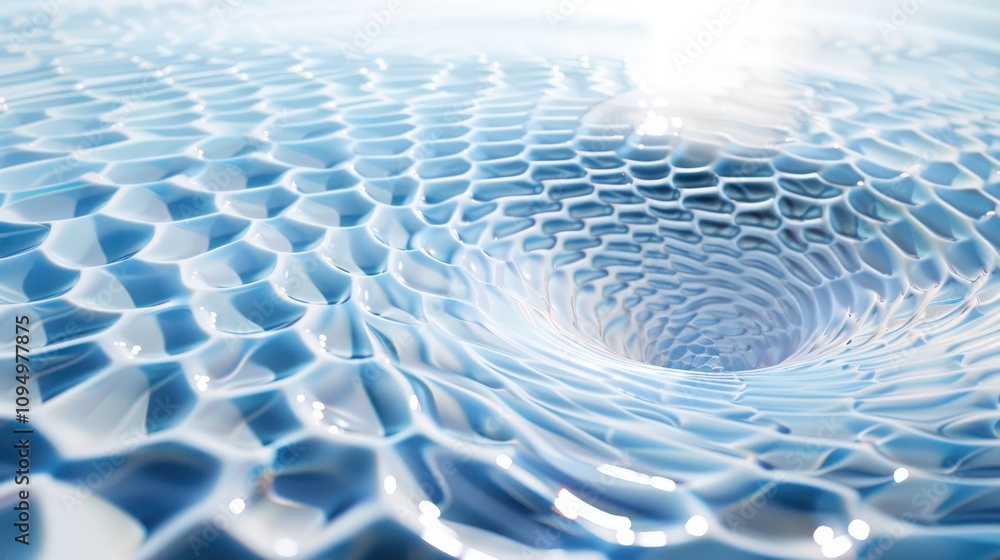 Poster creating algorithmic water surface patterns mathematical wave representation in soft blue gradients 