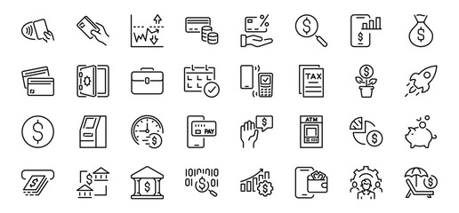 Finance line web icons Money and Coins. Cash, Credit Cards, Money Bag, Containing banking, Investment, income, accounting, money, loan. Editable stroke.