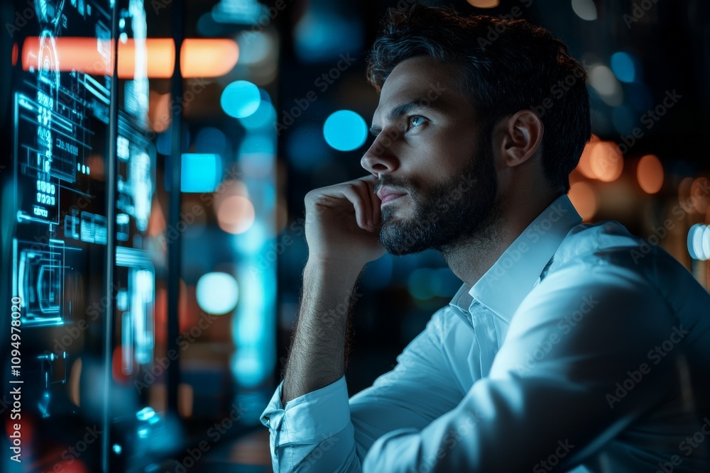 Poster a thoughtful man studies data on a futuristic digital screen in a dimly lit room, capturing the esse
