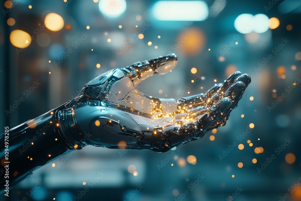 Poster a highly detailed image of a robotic hand glowing with sparks, symbolizing the intersection of techn