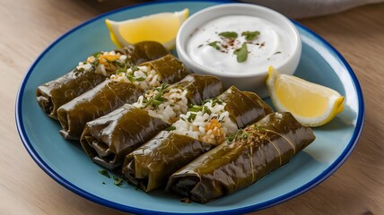 Traditional stuffed grape leaves with rice and herbs, served on white plate with lemon wedges and yogurt dip