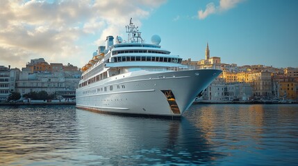 A luxurious cruise ship docked in a scenic harbor at sunset.