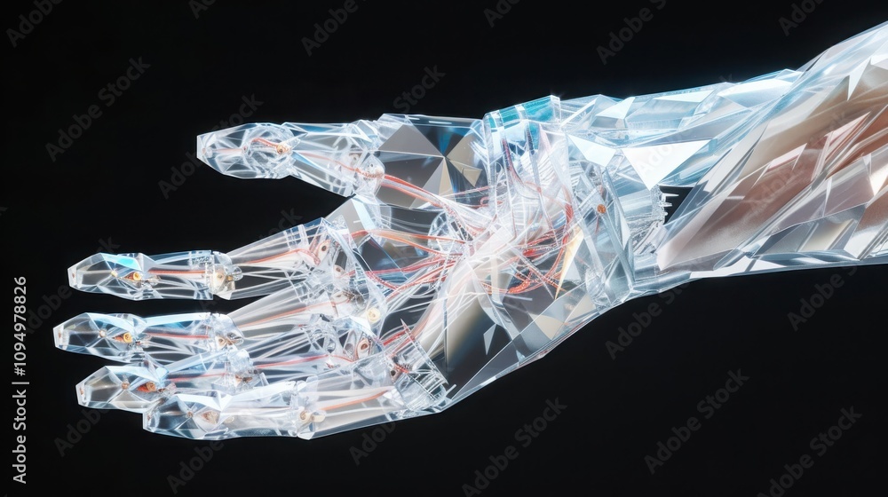 Poster exploring futuristic biomimetic robotic hand digital visualization technological environment geometr