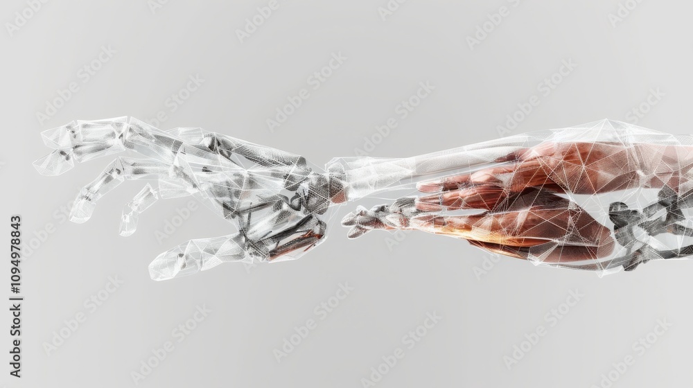 Poster exploring biomimetic robotic hand design futuristic visualization of geometric muscle fiber structur