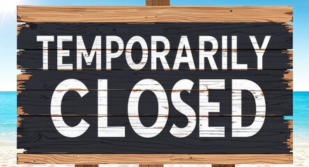 temporarily closed lettering on wooden sign board with beach summer background
