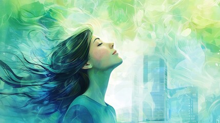 A cool tone abstract of a serene woman gazing upward surrounded by soft flowing patterns in green and blue shades with subtle hints of distant architecture  The image evokes a sense of tranquility