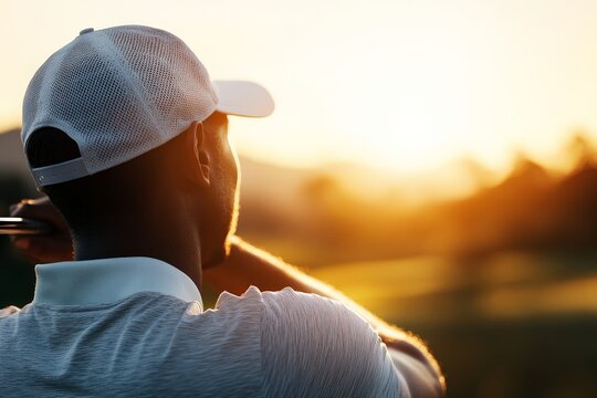 A silhouetted golfer stands poised with a club on a golf course, facing the beautiful sunrise, embodying determination and focus amidst a scenic natural backdrop.