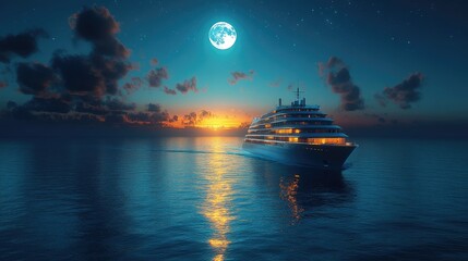 Obraz premium A luxurious cruise ship sailing under a bright moon at sunset, reflecting on calm waters.