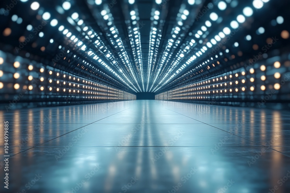 Poster a sleek, futuristic tunnel is filled with rows of glowing light bulbs, creating an endless perspecti