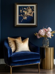 Elegant Blue Velvet Chair With Gold Accents and Floral Artwork