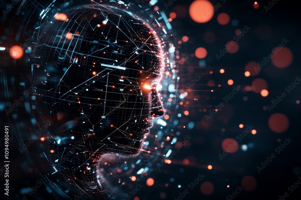 Poster a digital representation of a human face with abstract, interconnected nodes and lines, symbolizing 