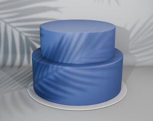 Two-tier Blue Cake mock-up 3d render minimal design isolated on white background with leaves shadows