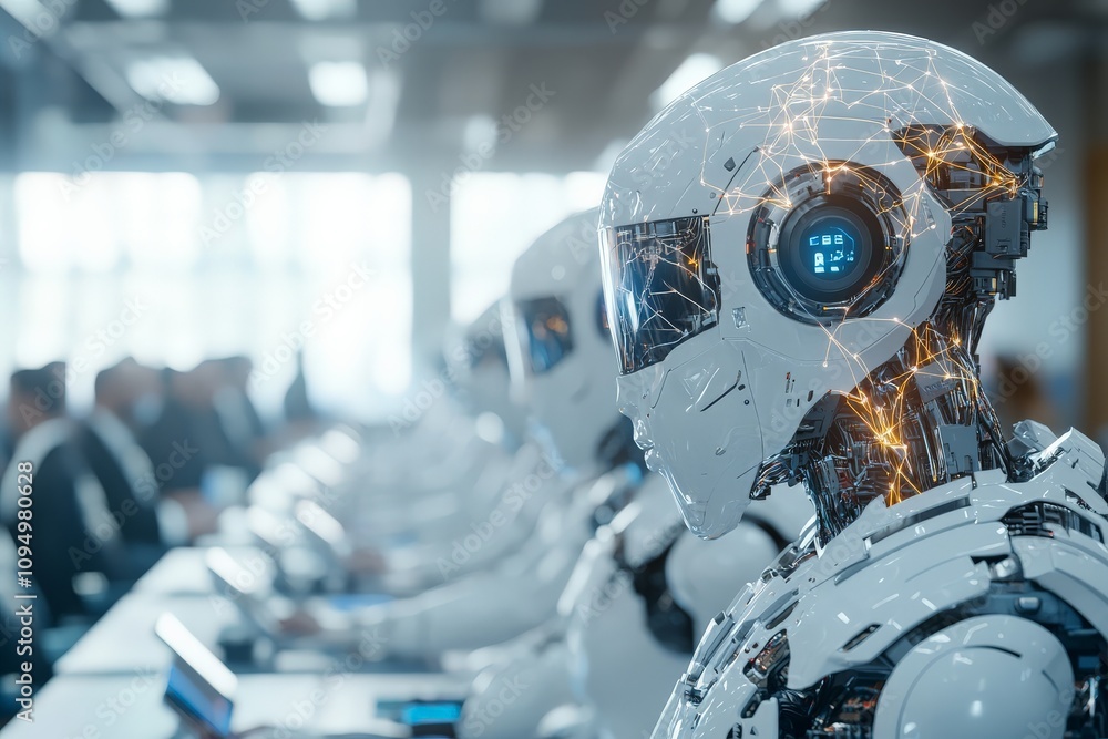 Poster robots in a line are engaged at desks in a modern office setting, illustrating the possible future i