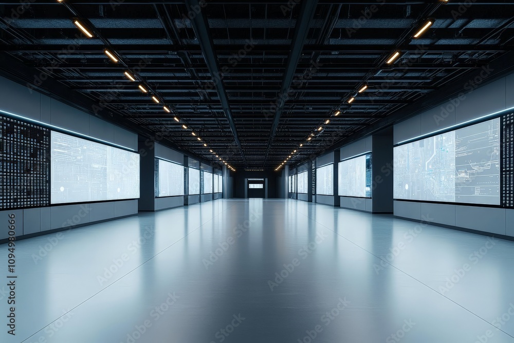 Poster an expansive, modern corridor featuring digital panels displaying complex data, suggesting advanced 