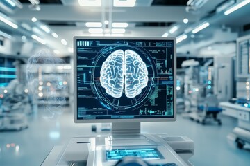 A computer screen in a medical setting showcasing a detailed brain scan, representing healthcare technology, research innovations, and neurological exploration.