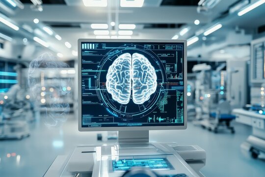 A computer screen in a medical setting showcasing a detailed brain scan, representing healthcare technology, research innovations, and neurological exploration.