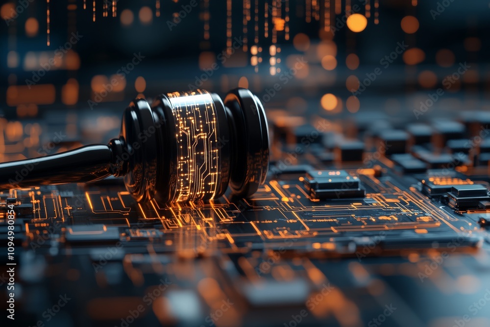 Poster a judge's gavel rests on a futuristic digital circuit board, representing the intersection of law an